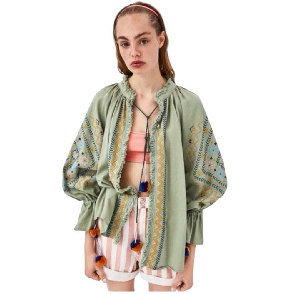 Zara Embroidered Sage Green Cotton Linen Blend Boho Jacket with Pompom Sz Small
